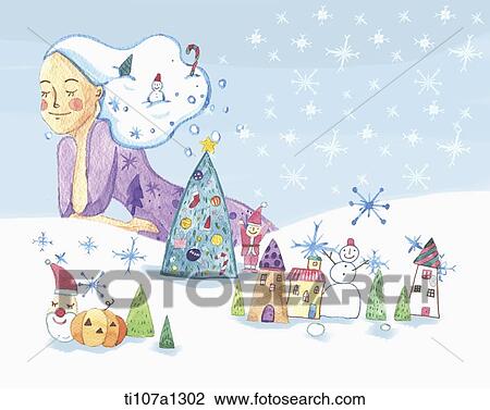 woman dreaming of a snowy village View Large Illustration Drawing - woman dreaming of a snowy village. Fotosearch