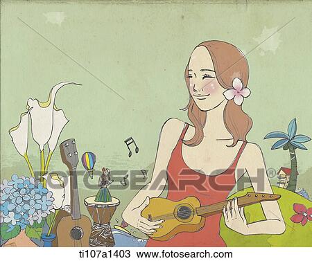 Drawing - woman playing a guitar. Fotosearch