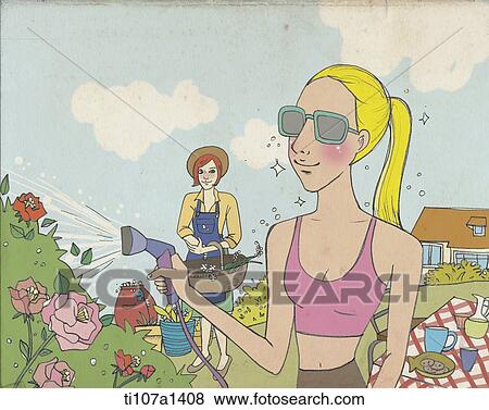 women trimming and watering the garden View Large Illustration Stock Illustration - women trimming and watering the garden . Fotosearch