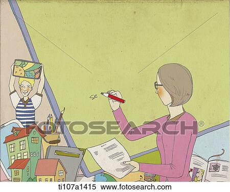 Stock Illustration - women writing on the board. Fotosearch