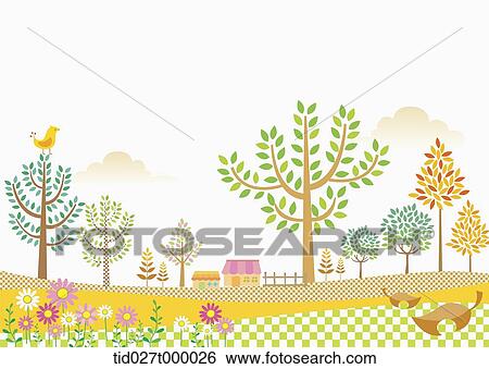 風景 イラスト の 木 上に A 黄色 丘 画像コレクション Tid027t Fotosearch