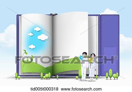 Stock Photo - a boy and a girl holding a flower standing in front of a giant diary. Fotosearch