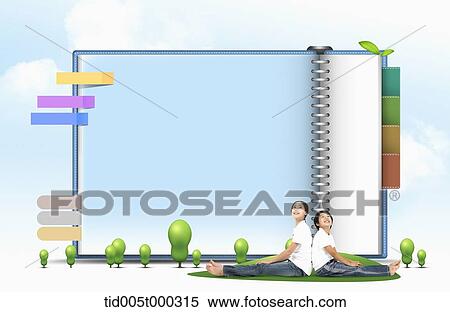 Stock Photography - a boy and a girl wearing jeans sitting with their backs together in front of a giant diary. Fotosearch