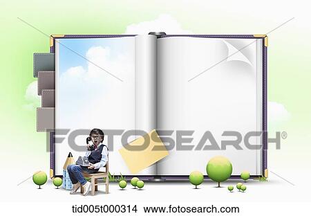 Picture - a boy answering a phone sitting in front of a giant notebook. Fotosearch