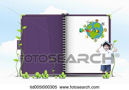 a boy having a book on his head standing in front of a book written education View Large Photo Image Stock Photography - a boy having a book on his head standing in front of a book written education. Fotosearch