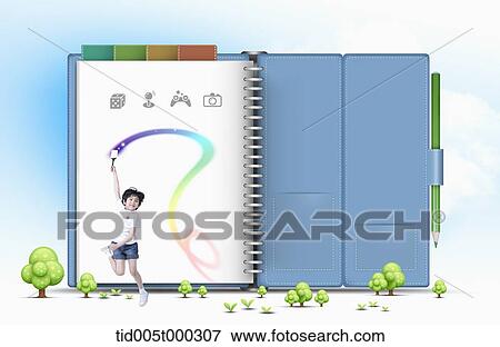 a boy jumping with a paint brush in front of a huge book View Large Photo Image Stock Photo - a boy jumping with a paint brush in front of a huge book. Fotosearch