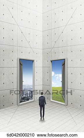 a businessman facing two different doors View Large Photo Image Stock Image - a businessman facing two different doors . Fotosearch