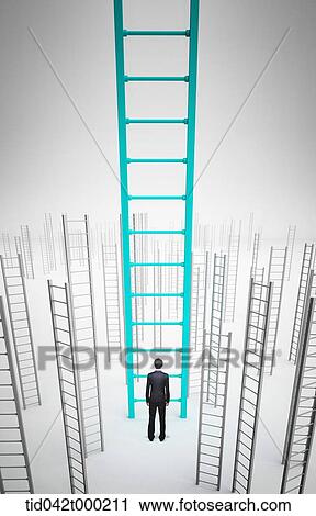 Stock Image - a businessman in front of a huge ladder. Fotosearch