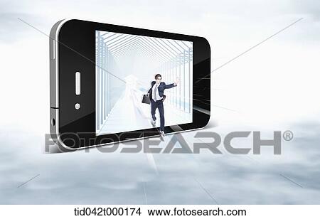 a businessman running out of a mobile phone View Large Photo Image Picture - a businessman running out of a mobile phone. Fotosearch