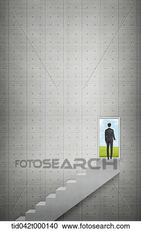 Stock Image - a businessman standing behind a door to a nature. Fotosearch