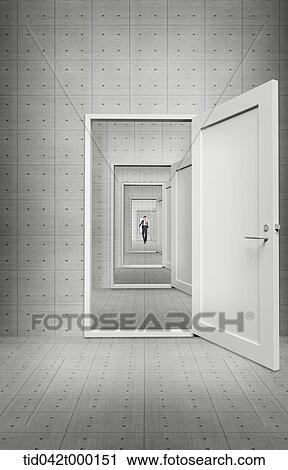 Stock Image - a businessman walking through continuous doors. Fotosearch