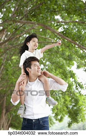 Stock Image - a daughter on father's shoulders point at somewhere. Fotosearch