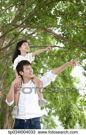 Stock Image - a daughter sitting on father's shoulders and father point at somewhere together. Fotosearch