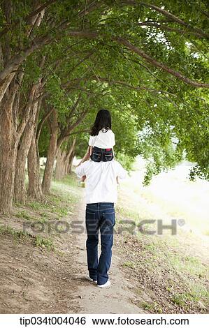Stock Photograph - a father with a daughter sitting on his shoulders walking along trees . Fotosearch