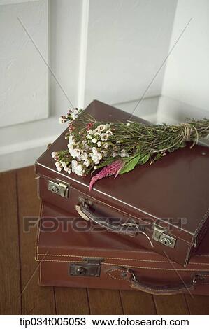 a flower bundle on brown suit cases View Large Photo Image Stock Image - a flower bundle on brown suit cases. Fotosearch