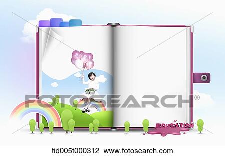 a girl sitting on a rainbow picture of a education notebook View Large Photo Image Stock Image - a girl sitting on a rainbow picture of a education notebook. Fotosearch