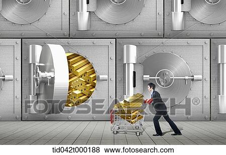 Stock Photo - a man pulling a shopping cart full of gold. Fotosearch