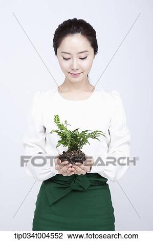 a woman in green skirt looking at a plant with roots in her hands View Large Photo Image Stock Image - a woman in green skirt looking at a plant with roots in her hands. Fotosearch