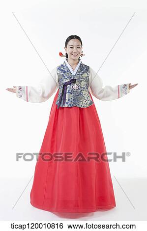 a woman wearing a Hanbok spreading arms View Large Photo Image Stock Photograph - a woman wearing a Hanbok spreading arms . Fotosearch