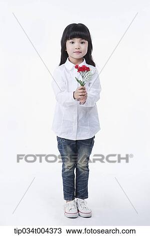 Stock Image - a young girl in a white shirt standing holding a red flower. Fotosearch