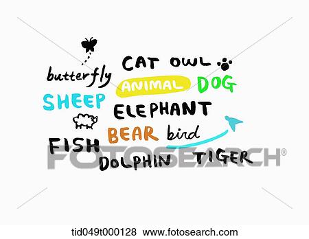 Stock Photo - animals written in different fonts and colours. Fotosearch