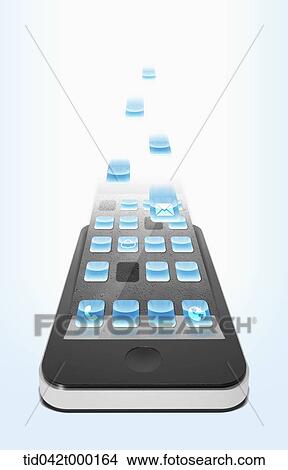 Picture - application icons in a mobile phone flying forward. Fotosearch