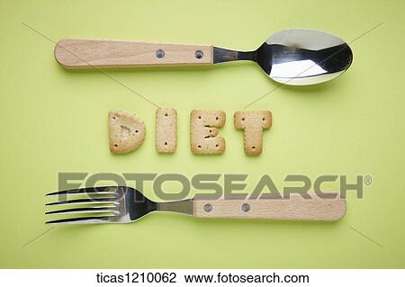 Stock Image - diet written with cookies between a spoon and a fork upside down . Fotosearch