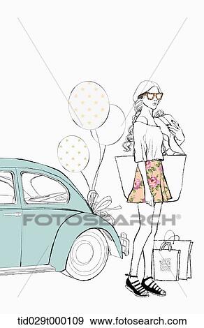 fashion illustration of a woman standing next to a car View Large Photo Image Stock Photo - fashion illustration of a woman standing next to a car. Fotosearch