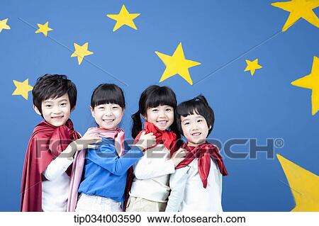 four kids wearing superman capes standing in a line holding one another's shoulders View Large Photo Image Stock Image - four kids wearing superman capes standing in a line holding one another's shoulders. Fotosearch