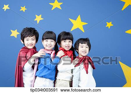 four kids wearing superman capes standing in a line holding one another's shoulders View Large Photo Image Stock Image - four kids wearing superman capes standing in a line holding one another's shoulders. Fotosearch