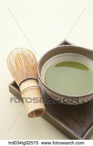 Stock Photography - green tea bubble making brush next to a green tea . Fotosearch