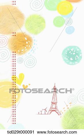 Stock Image - illustration drawing of Eiffel tower and colourful circles . Fotosearch