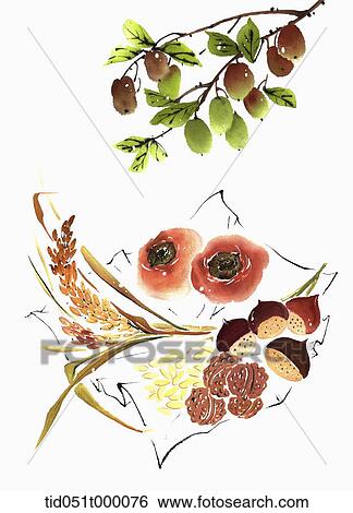 Stock Photograph - illustration of a basket full of autumn fruit and nuts. Fotosearch