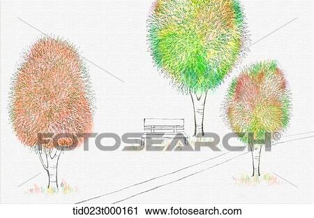 illustration of a bench and autumn trees View Large Photo Image Stock Image - illustration of a bench and autumn trees . Fotosearch