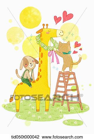 illustration of a cat and dog playing with a giraffe View Large Photo Image Stock Image - illustration of a cat and dog playing with a giraffe . Fotosearch