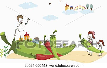 Stock Photo - illustration of a family harvesting peppers. Fotosearch