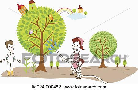 Stock Image - illustration of a family watering trees. Fotosearch
