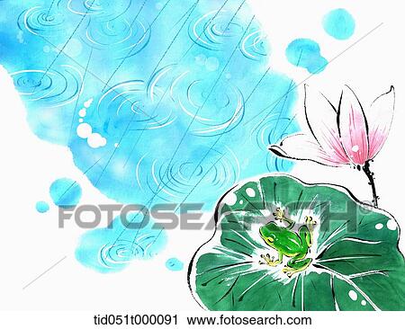 illustration of a frog on lotus leaf on a rainy lake View Large Photo Image Stock Image - illustration of a frog on lotus leaf on a rainy lake. Fotosearch