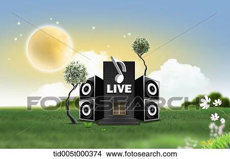 illustration of a gate with live sign on a building in shape of an audio set View Large Photo Image Picture - illustration of a gate with live sign on a building in shape of an audio set. Fotosearch