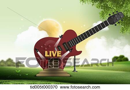 illustration of a gate with live sign on a building in shape of guitar View Large Photo Image Stock Image - illustration of a gate with live sign on a building in shape of guitar. Fotosearch