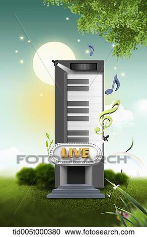 illustration of a gate with live sign on a building in shape of a piano View Large Photo Image Stock Image - illustration of a gate with live sign on a building in shape of a piano. Fotosearch