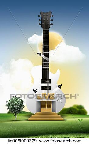 Stock Photo - illustration of a gate with live sign on a building in shape of a electric guitar. Fotosearch