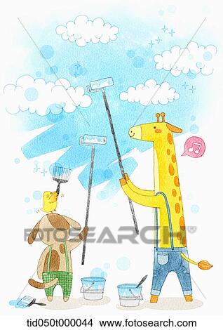 Picture - illustration of a giraffe painting the sky with dog. Fotosearch