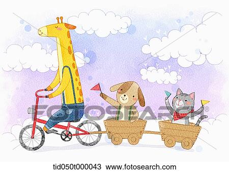 Stock Image - illustration of a giraffe riding a bike pulling dog and cat in carts. Fotosearch