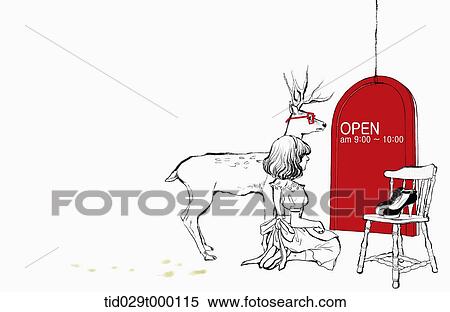 Stock Photography - illustration of a girl and a deer waiting in front of a red door. Fotosearch