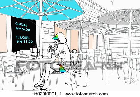 Stock Image - illustration of a girl drinking coffee at a coffee shop . Fotosearch