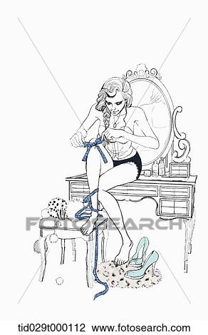 Stock Image - illustration of a girl tying a ribbon on her knee. Fotosearch