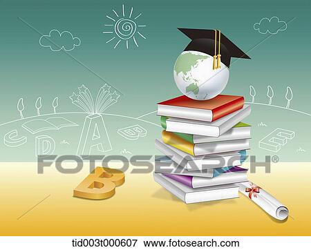 illustration of a graduation hat on a globe placed on top of a pile of books View Large Photo Image Stock Photo - illustration of a graduation hat on a globe placed on top of a pile of books. Fotosearch