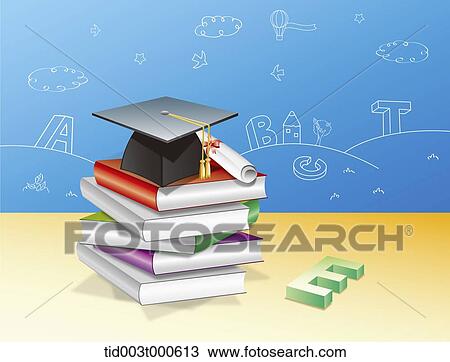 illustration of a graduation hat on top of a pile of books View Large Photo Image Stock Image - illustration of a graduation hat on top of a pile of books. Fotosearch