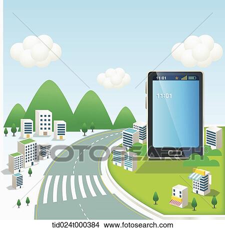 illustration of a huge mobile phone in the middle of apartments View Large Photo Image Picture - illustration of a huge mobile phone in the middle of apartments. Fotosearch